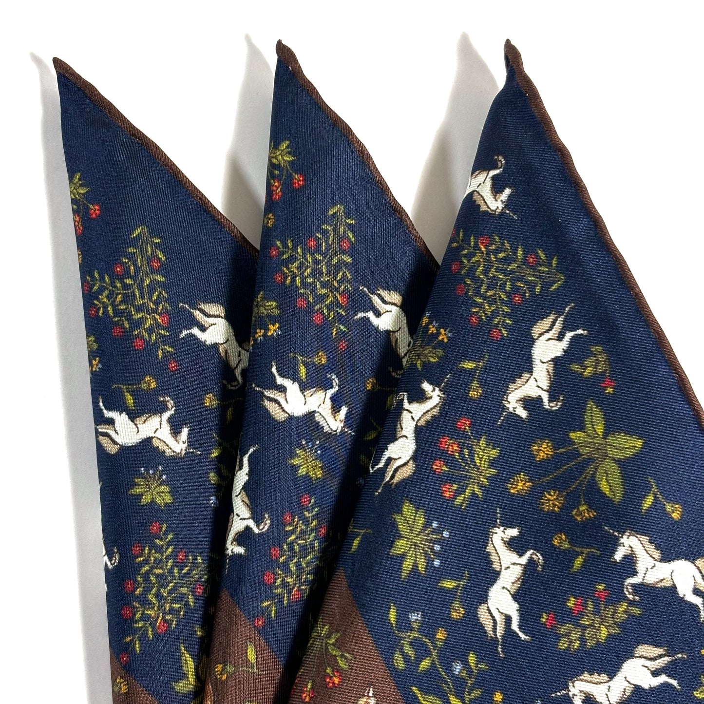 Navy Blue & Brown Unicorn Motif Ancient Madder Silk Pocket Square
