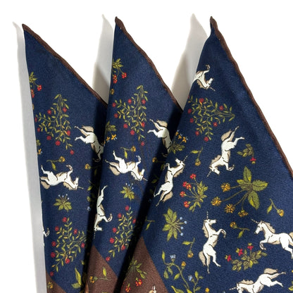 Navy Blue & Brown Unicorn Motif Ancient Madder Silk Pocket Square