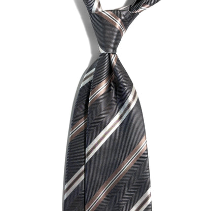 Gray & Beige Striped Silk Jacquard Tie