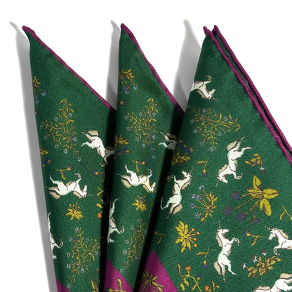 Forest Green & Purple Unicorn Motif Ancient Madder Silk Pocket Square