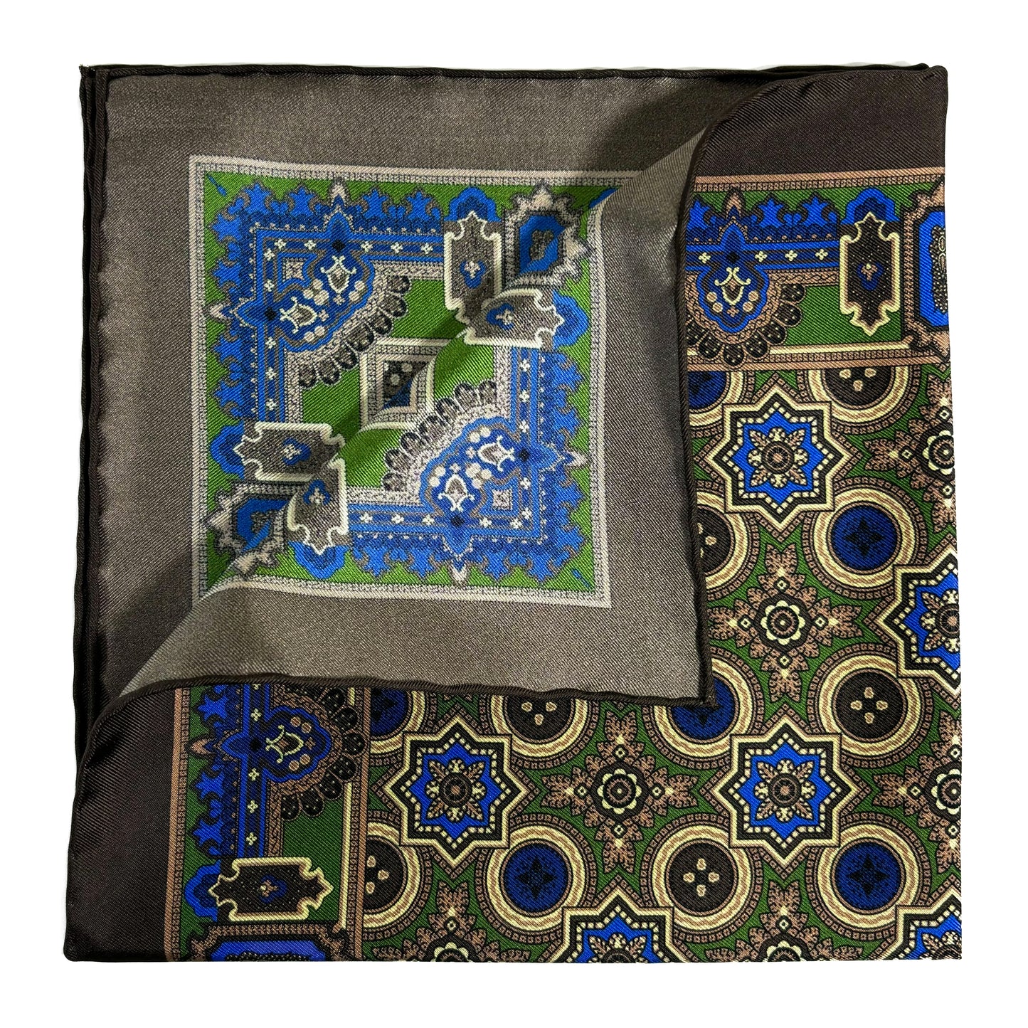 Brown & Green Geometric Silk Pocket Square