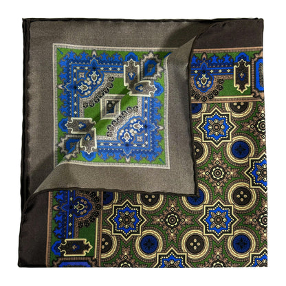 Brown & Green Geometric Silk Pocket Square