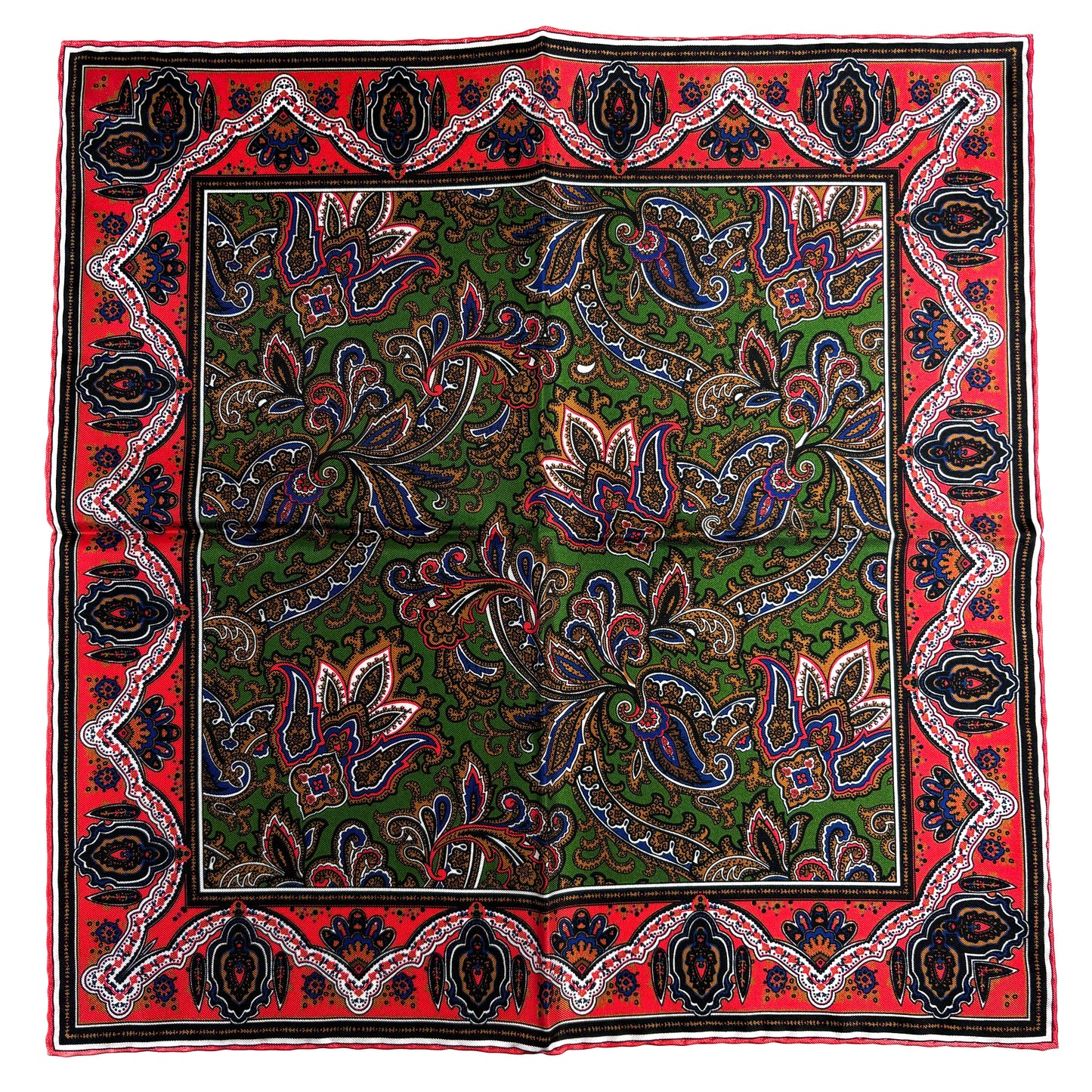 Green & Coral Red Paisley Silk Pocket Square