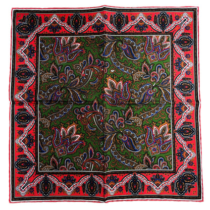 Green & Coral Red Paisley Silk Pocket Square