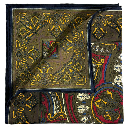 Burgundy & Olive Green Medallion Silk Pocket Square