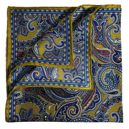 Golden Olive Green Paisley Silk Pocket Square
