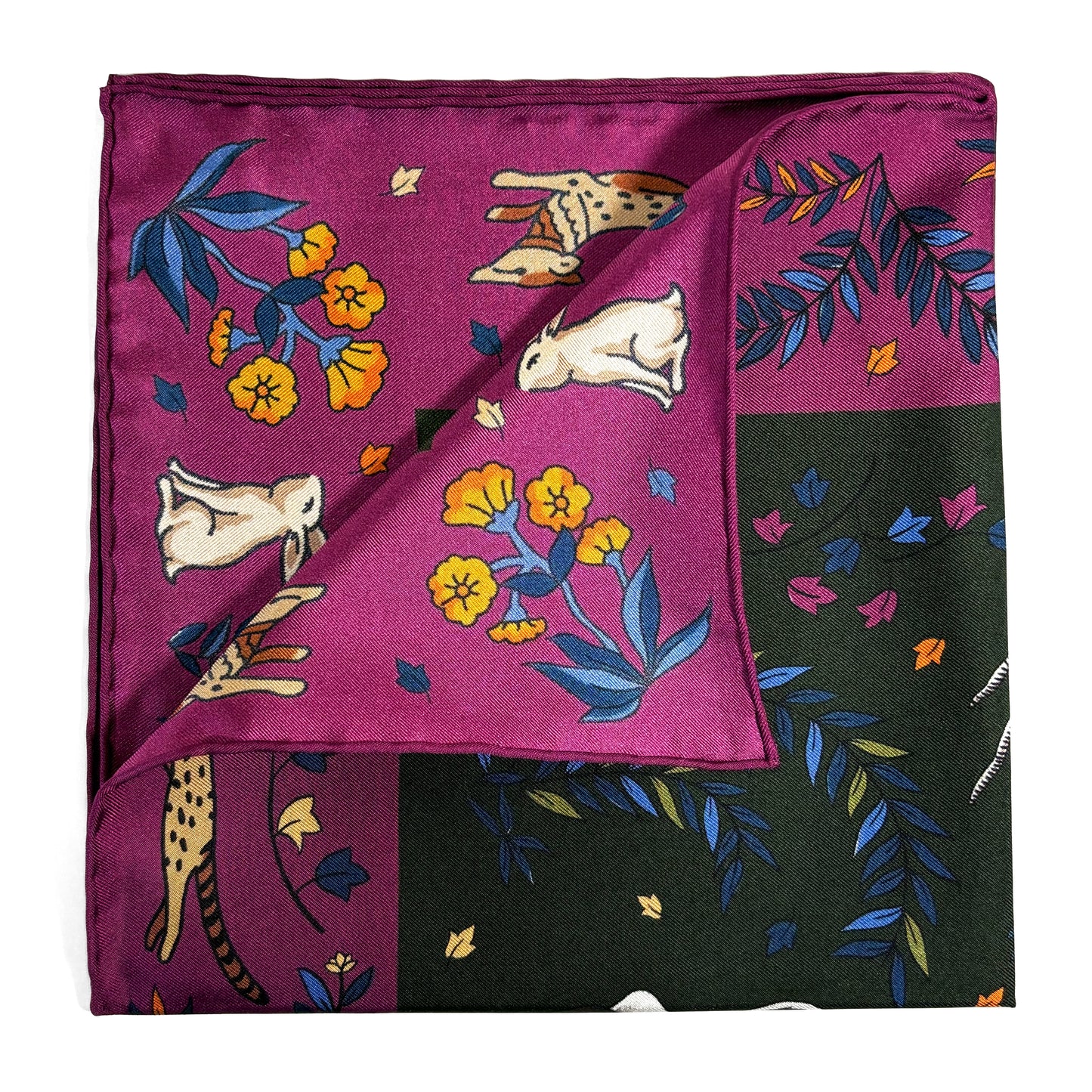Forest Green & Purple Gazelle Motif Ancient Madder Silk Pocket Square