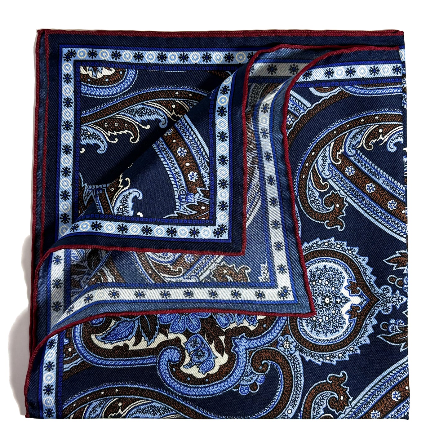Navy Blue & Burgundy Floral Paisley Silk Pocket Square