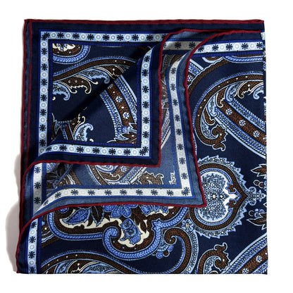Navy Blue & Burgundy Floral Paisley Silk Pocket Square