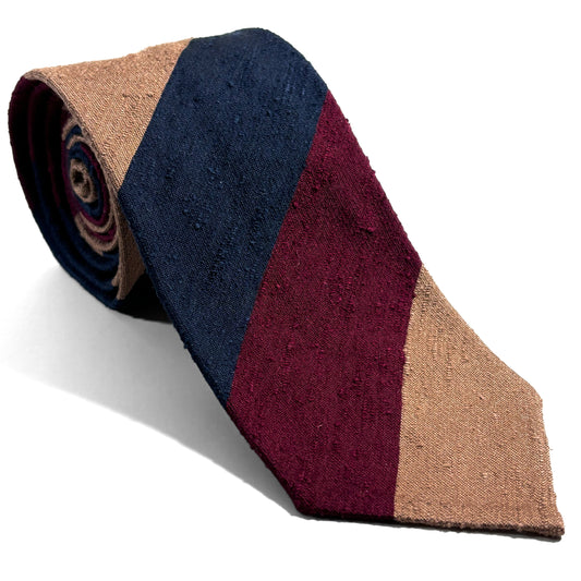Burgundy / Navy Blue / Beige Block Stripe Untipped Silk Shantung Tie