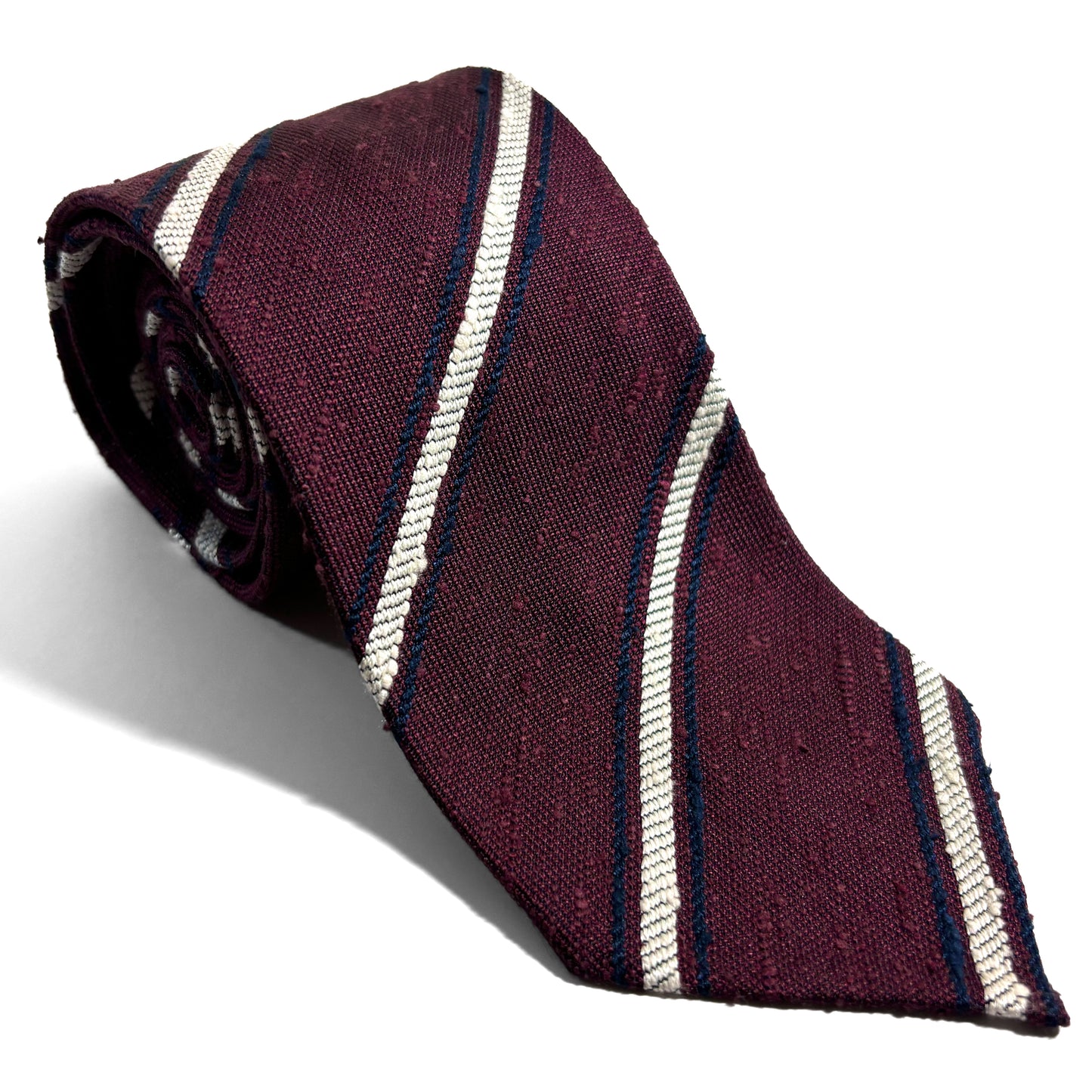 Untipped Burgundy & White Striped Silk Shantung Tie