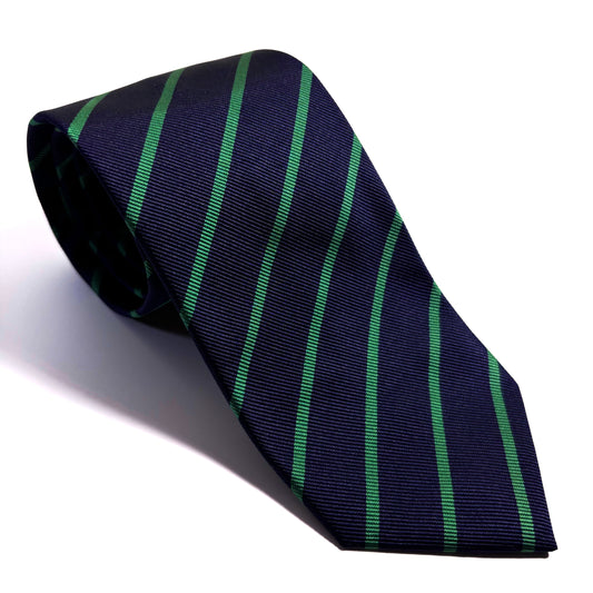 Navy Blue English Silk Tie Repp w/ Green Stripes