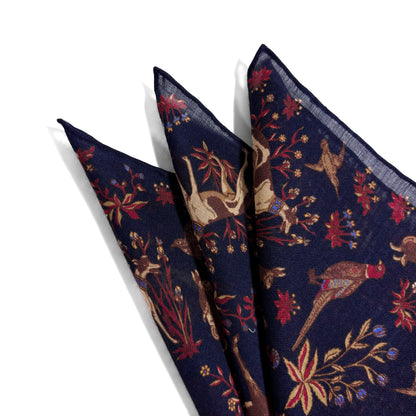 Terra - Floral Animal Motif - Navy Blue - Wool/Silk Pocket Square