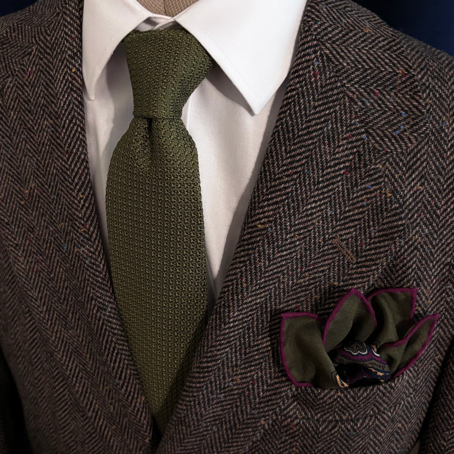 Dominus - Olive Green & Magenta - Wool/Silk Pocket Square