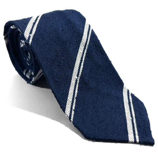Navy Blue Striped Untipped Shantung Silk Tie