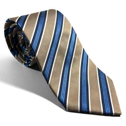 Beige & Blue Striped Silk Jacquard Tie