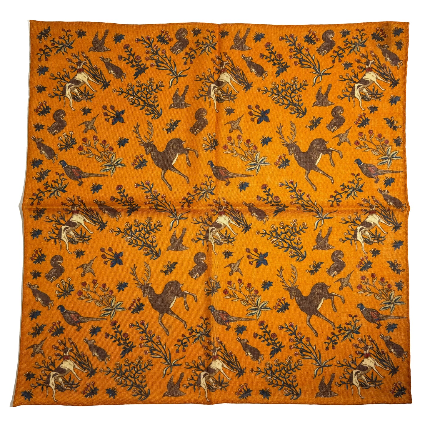 Terra - Floral Animal Motif - Mustard Yellow - Wool/Silk Pocket Square