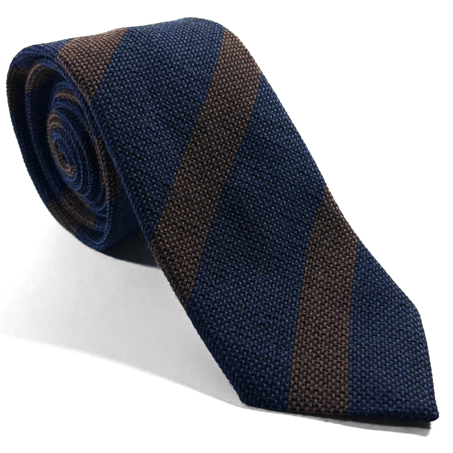 Navy Blue & Brown Striped Wool/Silk Grenadine Tie