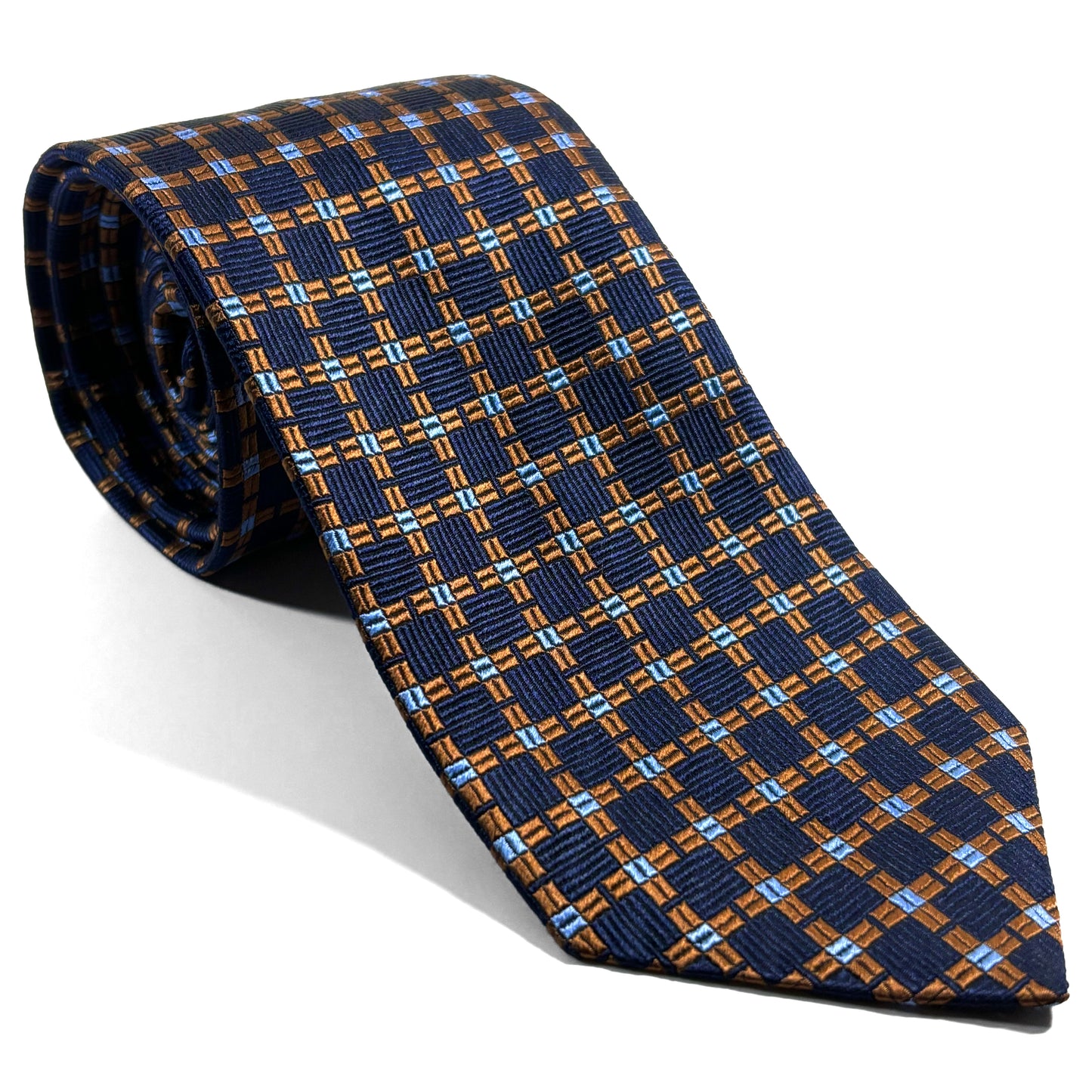 Navy Blue & Copper Checked Jacquard Silk Tie