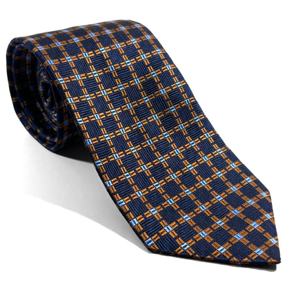 Navy Blue & Copper Checked Jacquard Silk Tie
