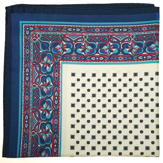 17" Blue & White Geometric Silk Twill Pocket Square