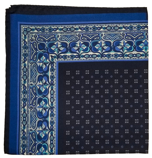 17" Navy Blue Geometric Silk Twill Pocket Square
