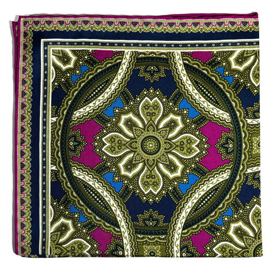 Green & Magenta Large Medallion Silk Pocket Square