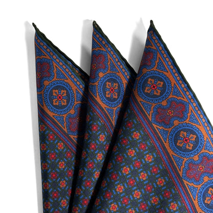Forest Green & Bronze Small Geometric Ancient Madder Silk Pocket Square