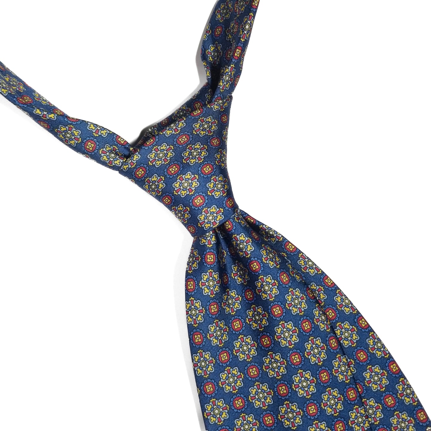 Navy Blue & Red Geometric Foulard Printed Silk Twill Tie