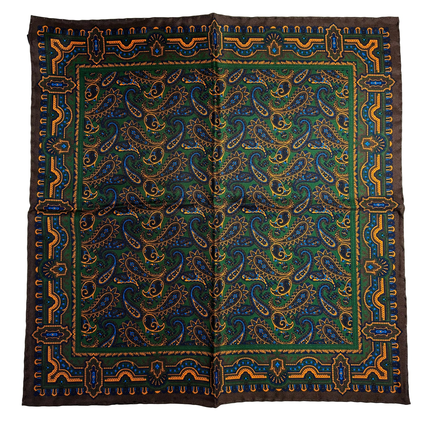Brown & Green Paisley Silk Pocket Square