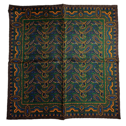 Brown & Green Paisley Silk Pocket Square