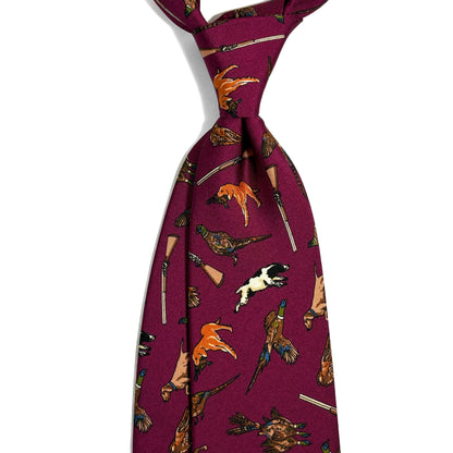Wine Red Hunting Motif Printed 36oz Silk Twill Tie