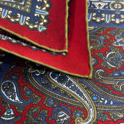 Burgundy & Olive Green Paisley Silk Pocket Square