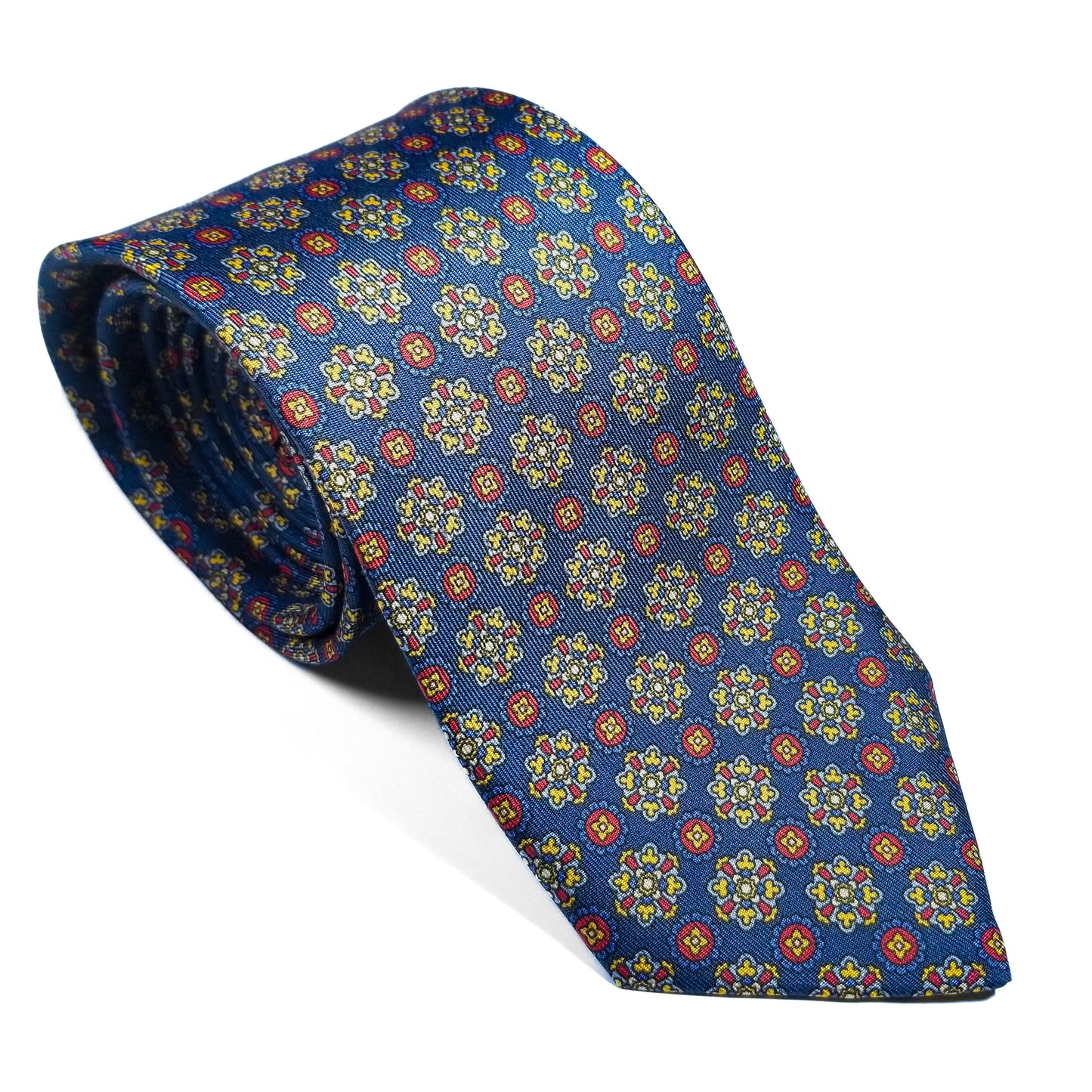 Navy Blue & Red Geometric Foulard Printed Silk Twill Tie