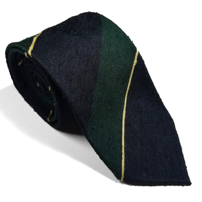Navy Blue & Green Striped Untipped Shantung Silk Tie (Handmade in Italy)
