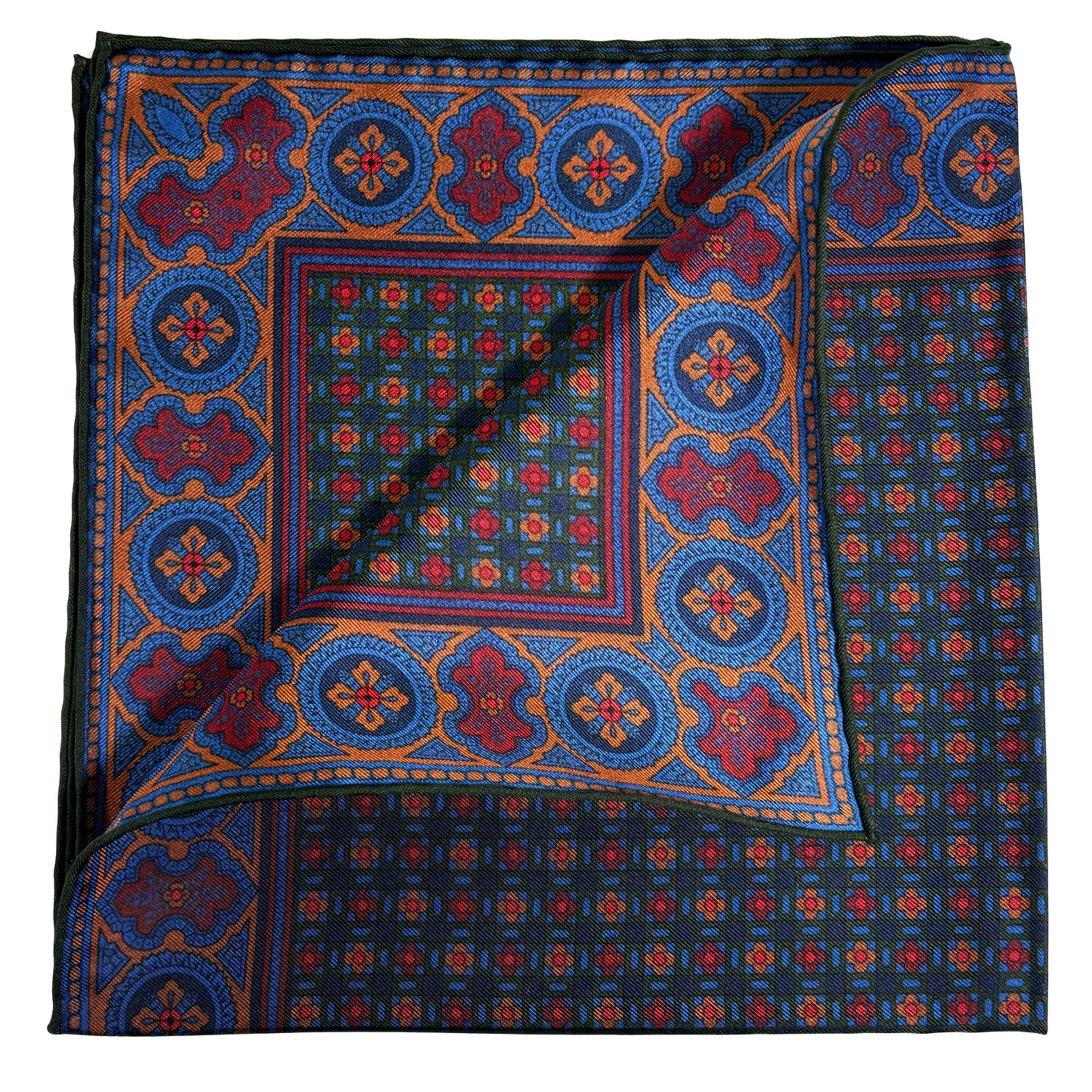 Forest Green & Bronze Small Geometric Ancient Madder Silk Pocket Square