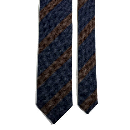 Navy Blue & Brown Striped Wool/Silk Grenadine Tie