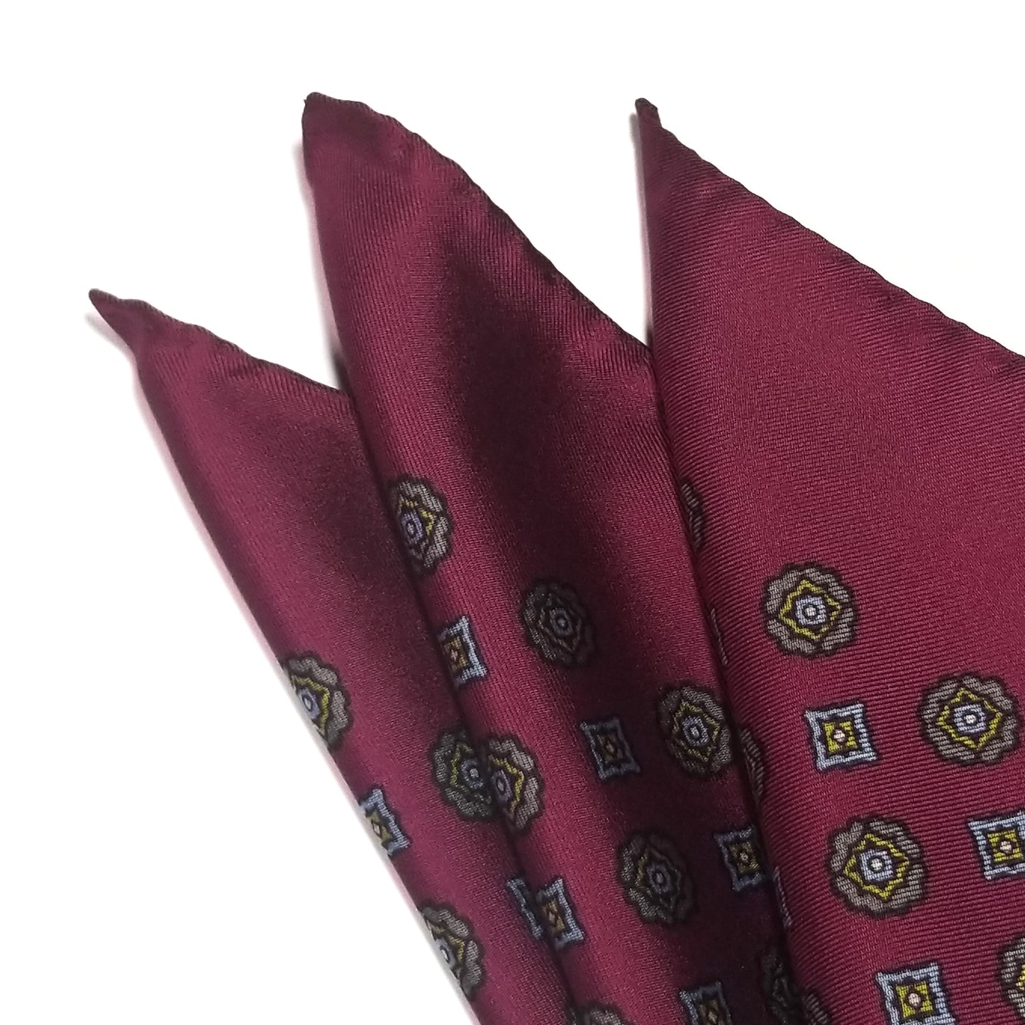 12.5" Bordeaux Geometric Silk Twill Pocket Square