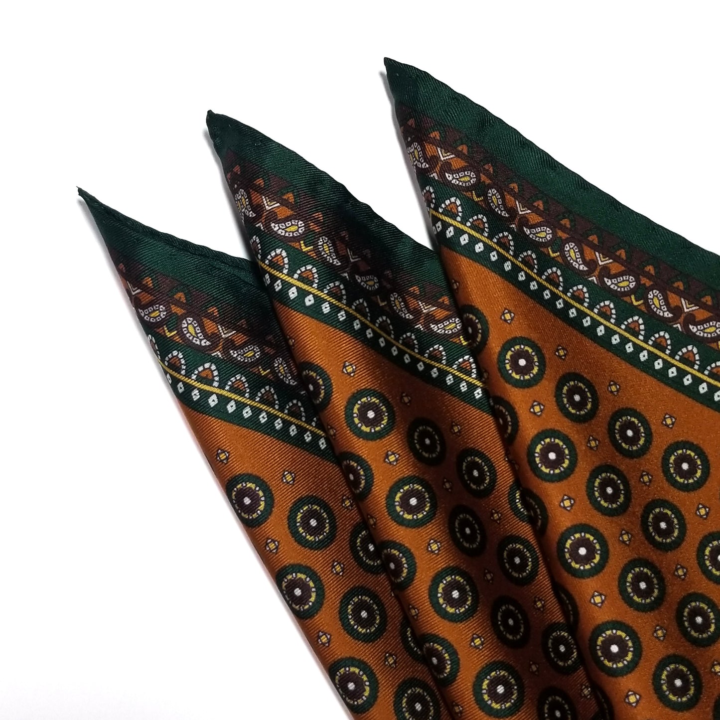 17" Burnt Orange / Green Medallion Silk Twill Pocket Square