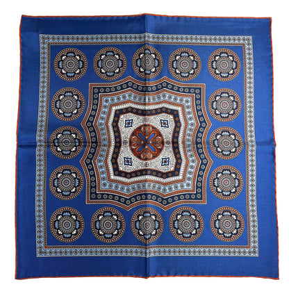Blue & Orange Medallion Silk Pocket Square