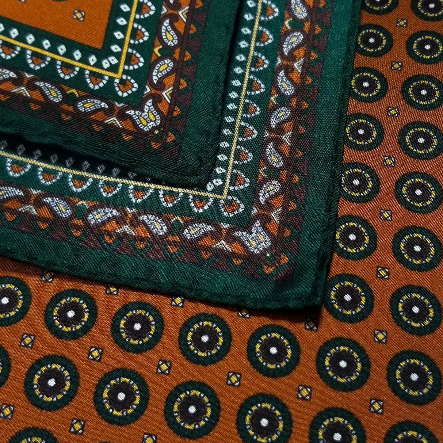 17" Burnt Orange / Green Medallion Silk Twill Pocket Square