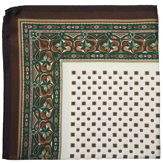 17" White & Green Geometric Silk Twill Pocket Square