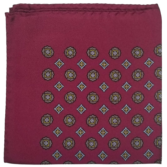 12.5" Bordeaux Geometric Silk Twill Pocket Square