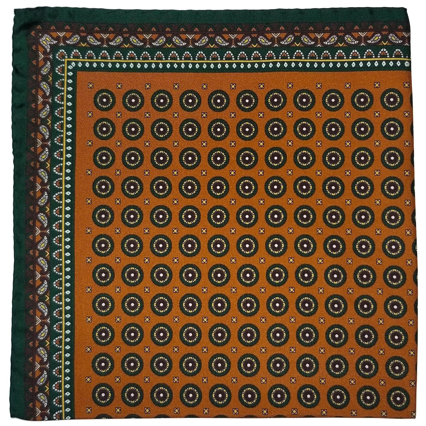 17" Burnt Orange / Green Medallion Silk Twill Pocket Square