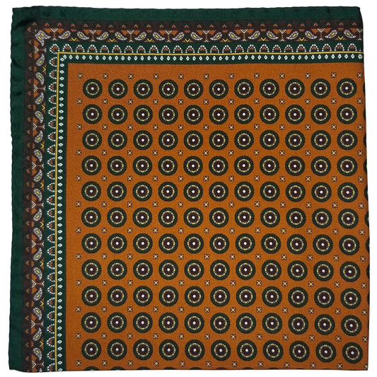 17" Burnt Orange / Green Medallion Silk Twill Pocket Square