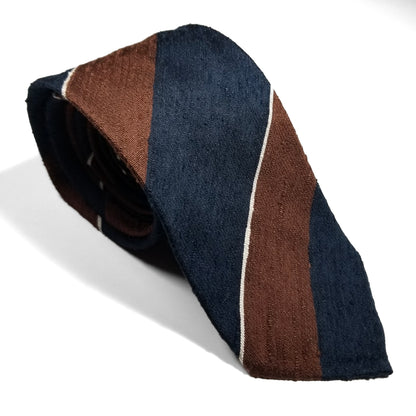 Untipped Navy Blue & Brown Block Stripe Silk Shantung Tie