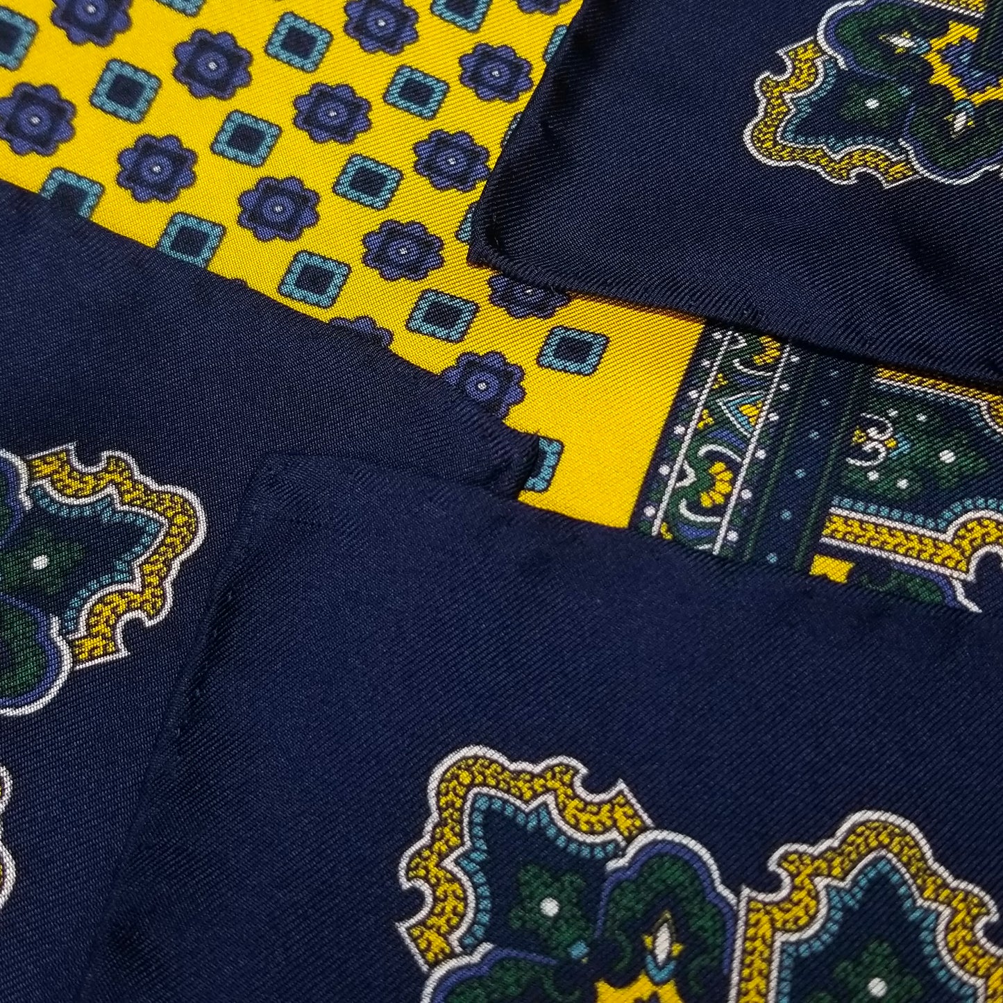 17" Yellow & Blue Geometric Silk Twill Pocket Square