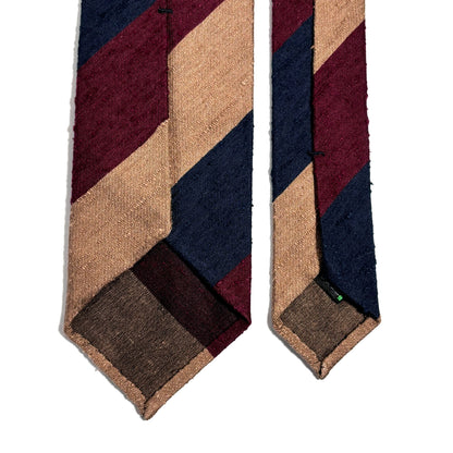 Burgundy / Navy Blue / Beige Block Stripe Untipped Silk Shantung Tie
