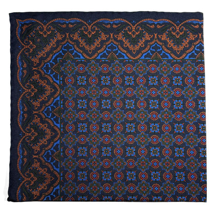 Navy Blue & Bronze Geometric Ancient Madder Silk Pocket Square