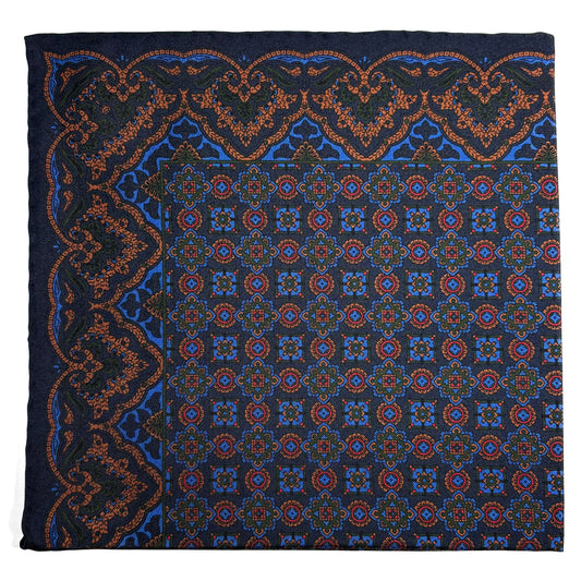 Navy Blue & Bronze Geometric Ancient Madder Silk Pocket Square